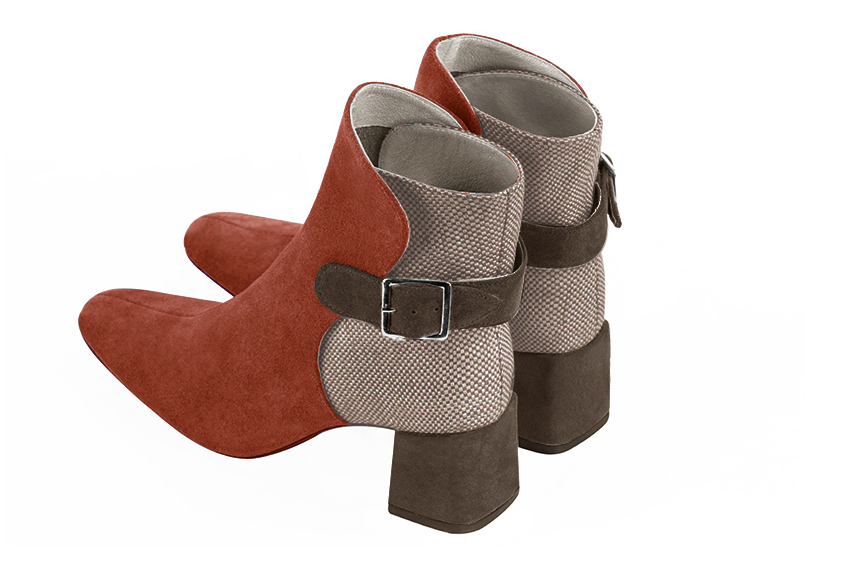 Terracotta orange, tan beige and chocolate brown women's ankle boots with buckles at the back. Square toe. Medium block heels. Rear view - Florence KOOIJMAN